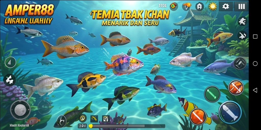 Screenshot gameplay AMPER88 yang menunjukkan aksi menembak ikan.