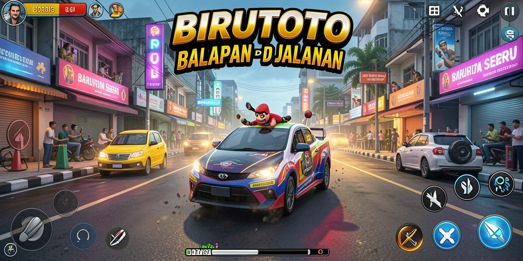 Tangkapan layar utama BIRUTOTO menampilkan aksi balapan seru di jalanan.