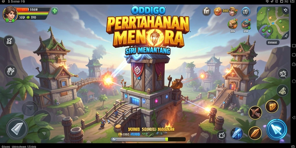 Screenshot utama ODDIGO menampilkan gameplay menara pertahanan yang intens.